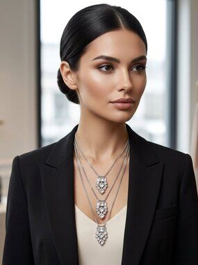 BIJOU Shiny Silver 3-Layered Glass Stone Chain Necklace – 26"